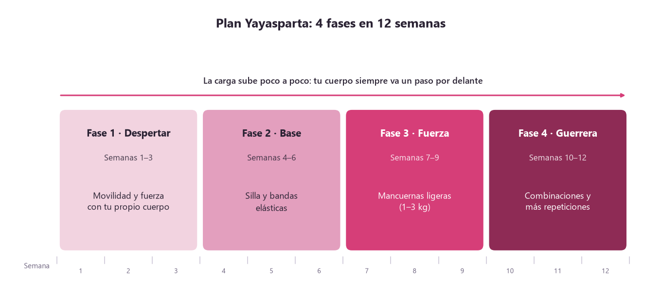 Diagrama de las 4 fases del Plan Yayasparta a lo largo de 12 semanas: Despertar, Base, Fuerza y Guerrera